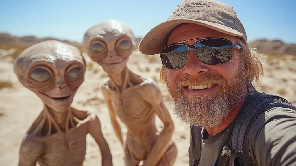 A smiling man with a beard and sunglasses takes a selfie with two alien-like figures in a desert landscape.  The figures are light brown, humanoid, and have large heads and eyes.  The scene is bright and sunny, emphasizing the contrast between the man and the seemingly extraterrestrial beings.