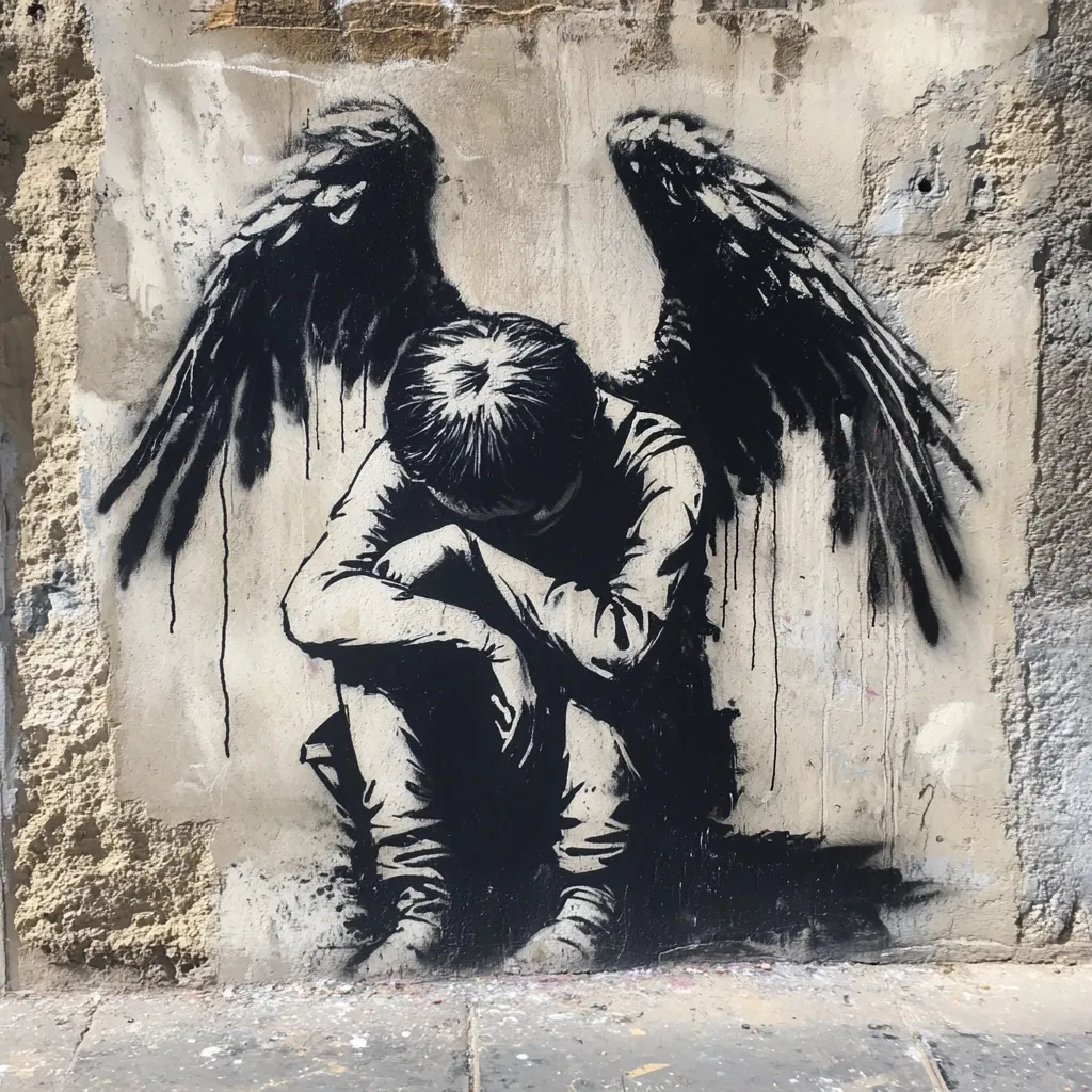 A poignant street art piece depicts a young figure, hunched over with arms wrapped around knees,  wings extending from their back. The style is stark, black stencil work against a textured, off-white wall.  The image conveys a sense of profound sadness and vulnerability, the angel-like wings adding a layer of irony or perhaps lost innocence. The overall effect is powerful and emotionally resonant.