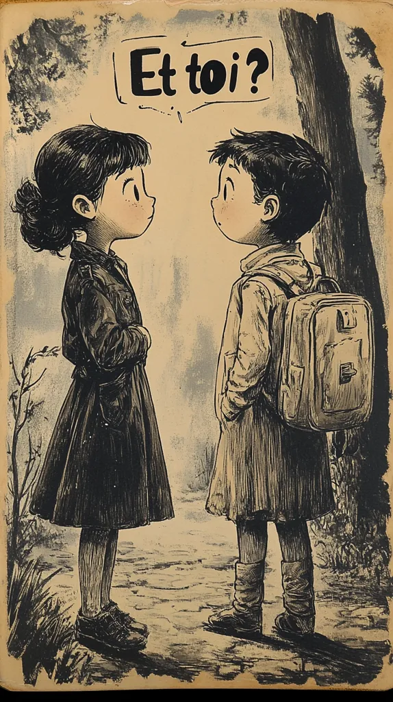 A black and white illustration shows two children, a girl and a boy, facing each other on a path. The girl wears a dark coat and the boy a jacket and backpack.  A speech bubble above them reads "Et toi?" (And you?). The style is reminiscent of vintage children's book illustration, with a slightly melancholic tone.  The background suggests a wooded area.