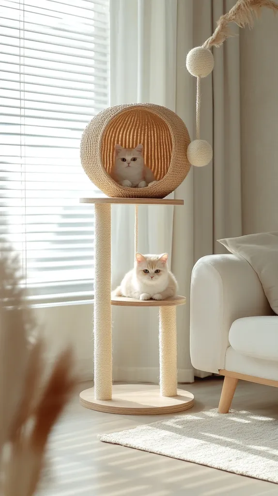 A minimalist cat tree stands near a window, featuring a round woven basket at the top and two lower platforms. Two cream-colored British Shorthair cats are comfortably perched on different levels.  The cat tree is light wood with sisal-wrapped posts, adding a natural aesthetic to the bright, sunlit room. A dangling cat toy hangs nearby.