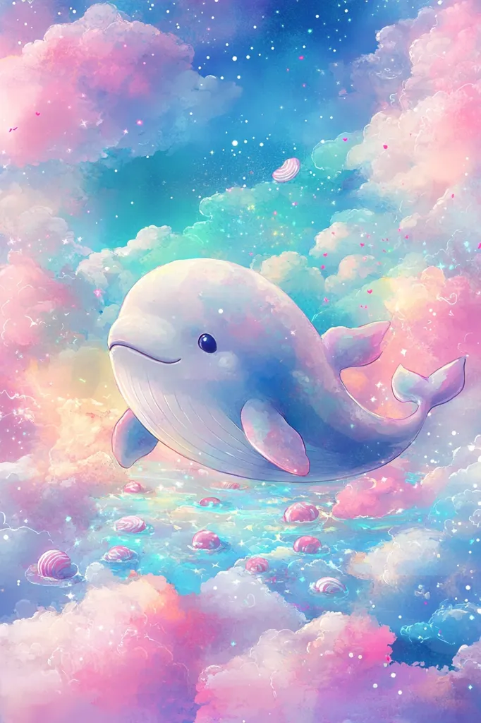 A whimsical illustration depicts a pastel-colored whale gracefully soaring through a dreamy sky.  Soft pink and blue clouds drift beneath the whale, which is surrounded by swirling, iridescent shells.  Stars twinkle in the background, creating a magical, ethereal atmosphere.  The overall style is cute and fantastical, evoking a sense of wonder and childlike innocence.