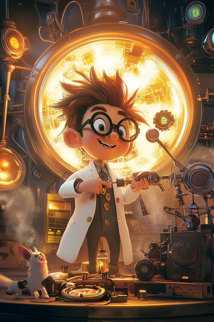 A cheerful, young boy scientist, wearing glasses and a white lab coat, enthusiastically examines a complex steampunk-style contraption in his workshop.  The background glows with warm, amber light emanating from a large circular device. A small, white, furry creature sits near him, adding to the whimsical scene.  The overall style is vibrant and digitally rendered, hinting at a children's animation.