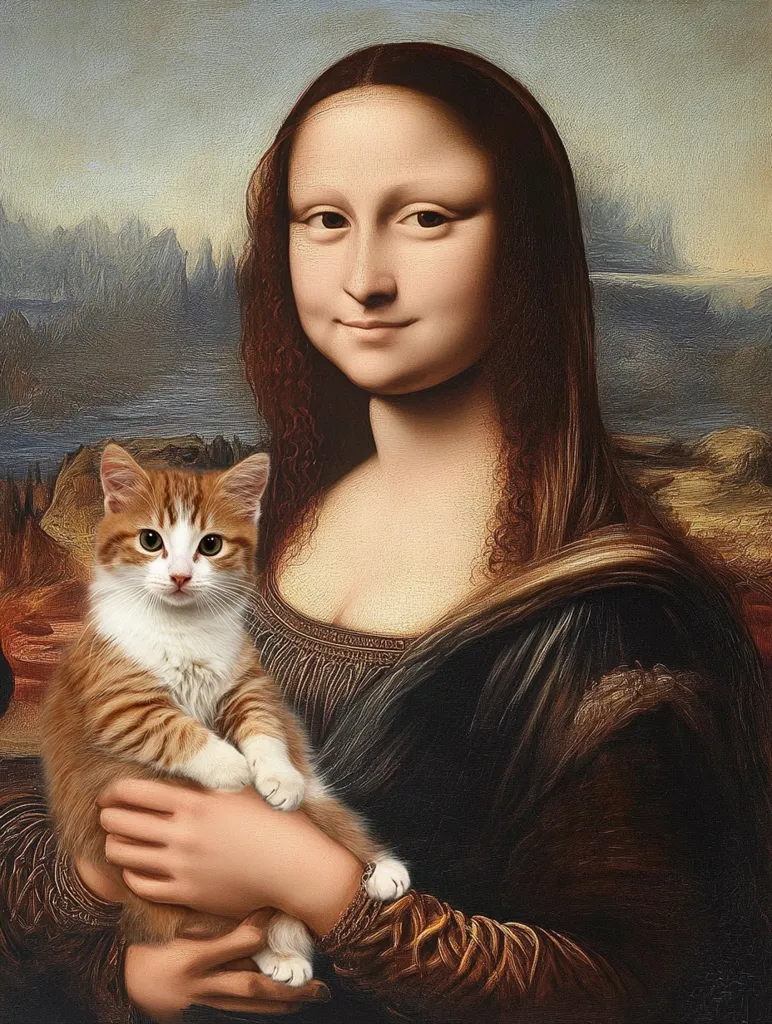 A playful reimagining of the Mona Lisa features the iconic figure gently cradling an adorable ginger and white kitten.  The cat's soft fur and inquisitive gaze contrast beautifully with the woman's serene expression. The background retains the original painting's hazy landscape, blending seamlessly with the added feline element.  The overall effect is a charming and humorous juxtaposition of classic art and modern cuteness.