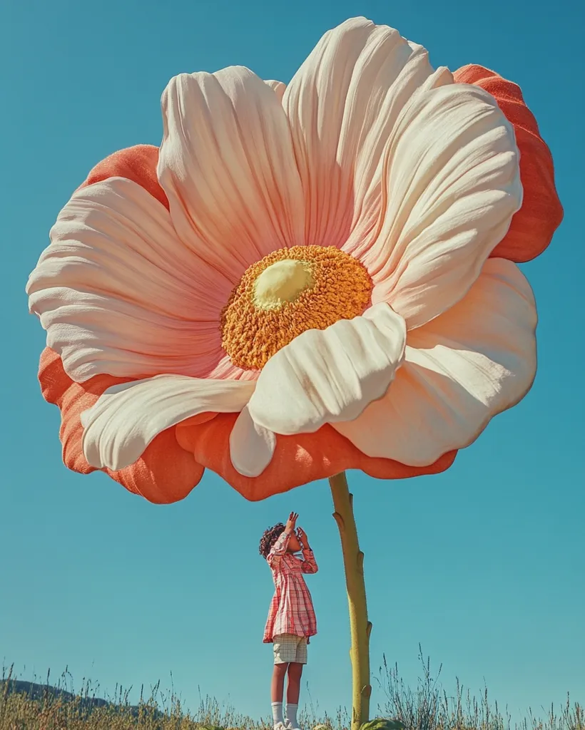 A young girl in a pink and white checkered dress gazes up in awe at an enormous, whimsical flower sculpture.  The flower, predominantly peach and cream, dominates the frame against a vibrant blue sky.  The scene evokes a sense of childlike wonder and the beauty of nature amplified to fantastical proportions.  The setting appears to be a grassy field or meadow.