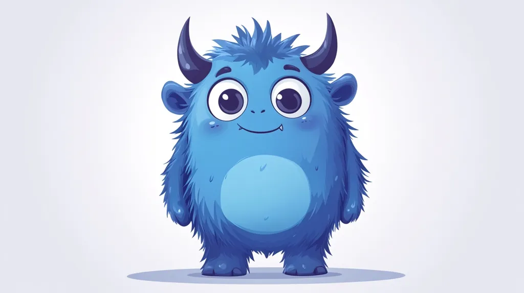 A cute, fluffy blue monster with small horns stands against a white background.  It has large, expressive eyes and a small, friendly smile. The monster's fur is detailed, and its overall design is playful and endearing, suggesting a cartoonish or children's character. The image is simple and clean, focusing solely on the adorable creature.
