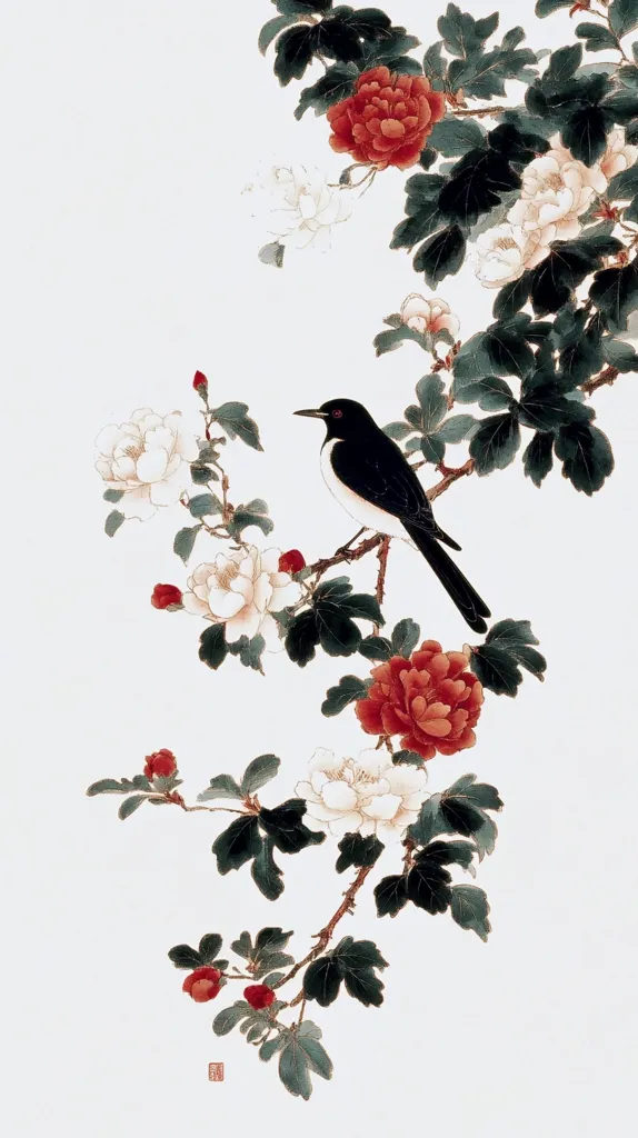 An elegant depiction of a black and white bird perched on a flowering branch.  Red and white blossoms, possibly peonies, are richly detailed against a light background, showcasing a delicate balance between color and simplicity. The style suggests traditional East Asian painting techniques, emphasizing the natural beauty of the subject. The image evokes a sense of tranquility and harmony.