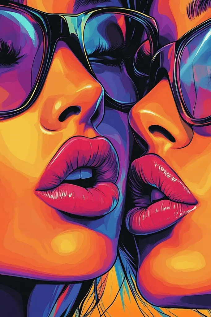 A vibrant, stylized artwork depicts two women's faces in close proximity, their lips almost touching.  They wear retro-style sunglasses, their features rendered in bold, saturated colors of orange, pink, purple, and blue. The bold lines and intense hues create a dynamic and sensual mood.  The style is reminiscent of pop art or digital painting.
