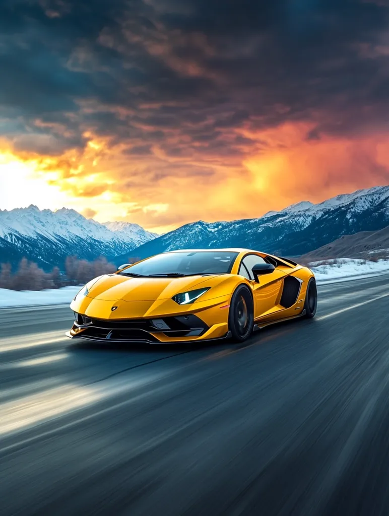 A vibrant yellow Lamborghini Aventador speeds along a mountain road, leaving a motion blur trail.  The backdrop is a dramatic sunset sky with fiery oranges and reds contrasting against snow-capped mountains. The scene is breathtaking, showcasing the power and beauty of the supercar against a stunning natural landscape.