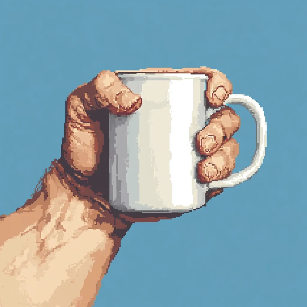 A pixel art illustration depicts a large hand holding a plain white mug against a light blue background. The hand is detailed, showing wrinkles and texture, while the mug is simple and unadorned. The style is reminiscent of 8-bit video game graphics, giving the image a retro feel. The focus is on the contrast between the rough texture of the hand and the smooth, blank surface of the mug.