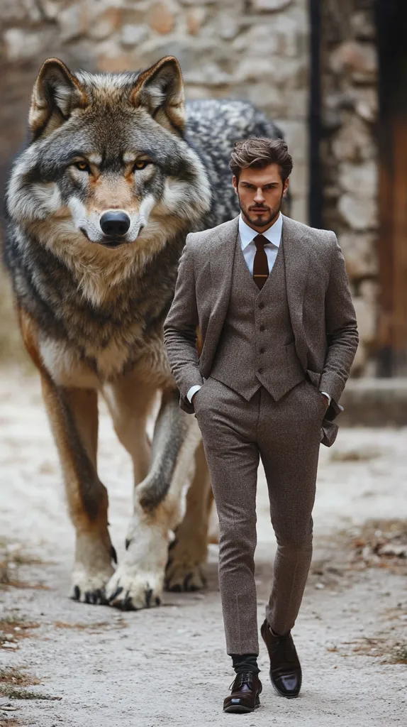 A sharply dressed man in a brown suit and tie walks confidently down a path, with a large wolf casually following behind him.  The wolf's presence adds a sense of mystery and power to the scene, contrasting with the man's sophisticated attire. The stone background suggests a rustic or historical setting. The overall image is striking and evokes a feeling of controlled power and unexpected companionship.