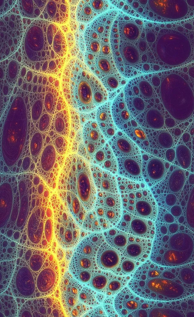 An abstract fractal image displays a mesmerizing pattern of interconnected, organic shapes.  Resembling a network of glowing veins or cells, the forms are predominantly teal and orange-yellow, separated by a central, luminous line. The color gradient creates a sense of depth and movement within this intricate, almost biological-looking design.  Darker, purplish hues fill the centers of the rounded shapes, adding contrast and visual interest.