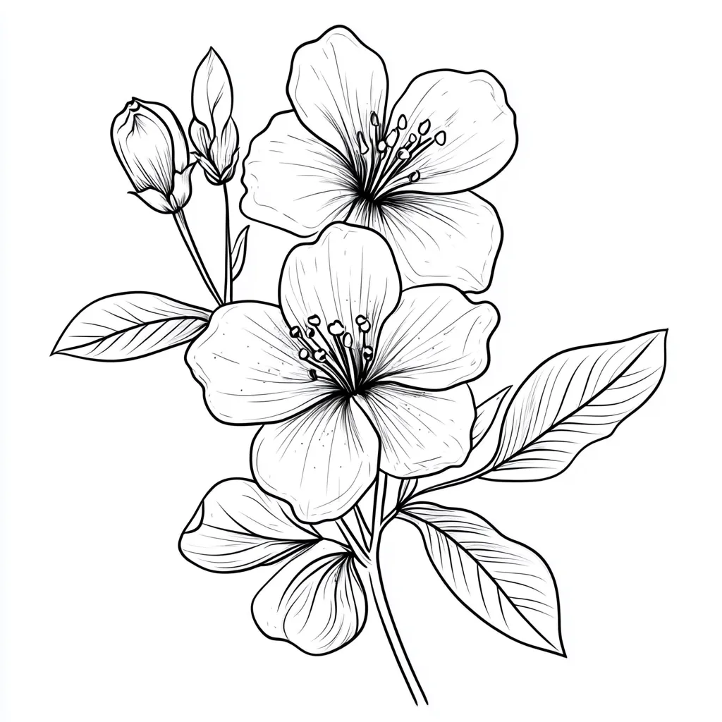 A detailed line drawing showcases a delicate flowering branch. Two fully bloomed blossoms, with intricate petal and stamen details, are the focal point.  Smaller buds and leaves, meticulously rendered, complete the composition. The style is elegant and botanical, creating a graceful and refined image. The stark black and white emphasizes the fine lines and delicate form.