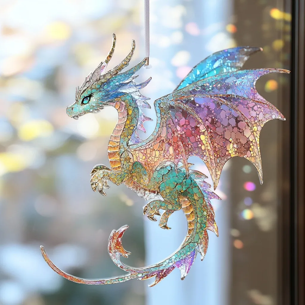 A stunning iridescent dragon ornament hangs in a sunlit window.  Its body and wings are crafted from a multicolored, textured material resembling stained glass, showcasing a blend of teal, pink, and gold hues.  The dragon is depicted in a dynamic pose, its tail elegantly curled. The intricate details and vibrant colors create a captivating piece of art.