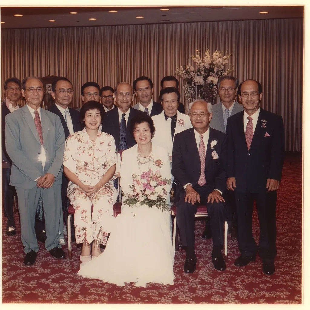 A wedding group photo features a bride and groom in the center, surrounded by family and friends.  The bride wears a long white dress, and the groom a dark suit.  The attendees are dressed in formal attire, mostly suits and dresses.  The background shows a beige-colored room with curtains and a floral arrangement. The image is a vintage photograph, likely taken at a wedding reception or similar formal event. The overall mood is celebratory and joyful.