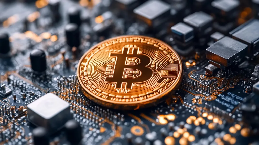 A close-up shot reveals a gold-colored Bitcoin cryptocurrency coin resting on a complex circuit board.  The intricate details of both the coin and the electronic components are sharply in focus, highlighting the technological underpinnings of Bitcoin's digital nature.  The image evokes themes of technology, finance, and the digital economy.