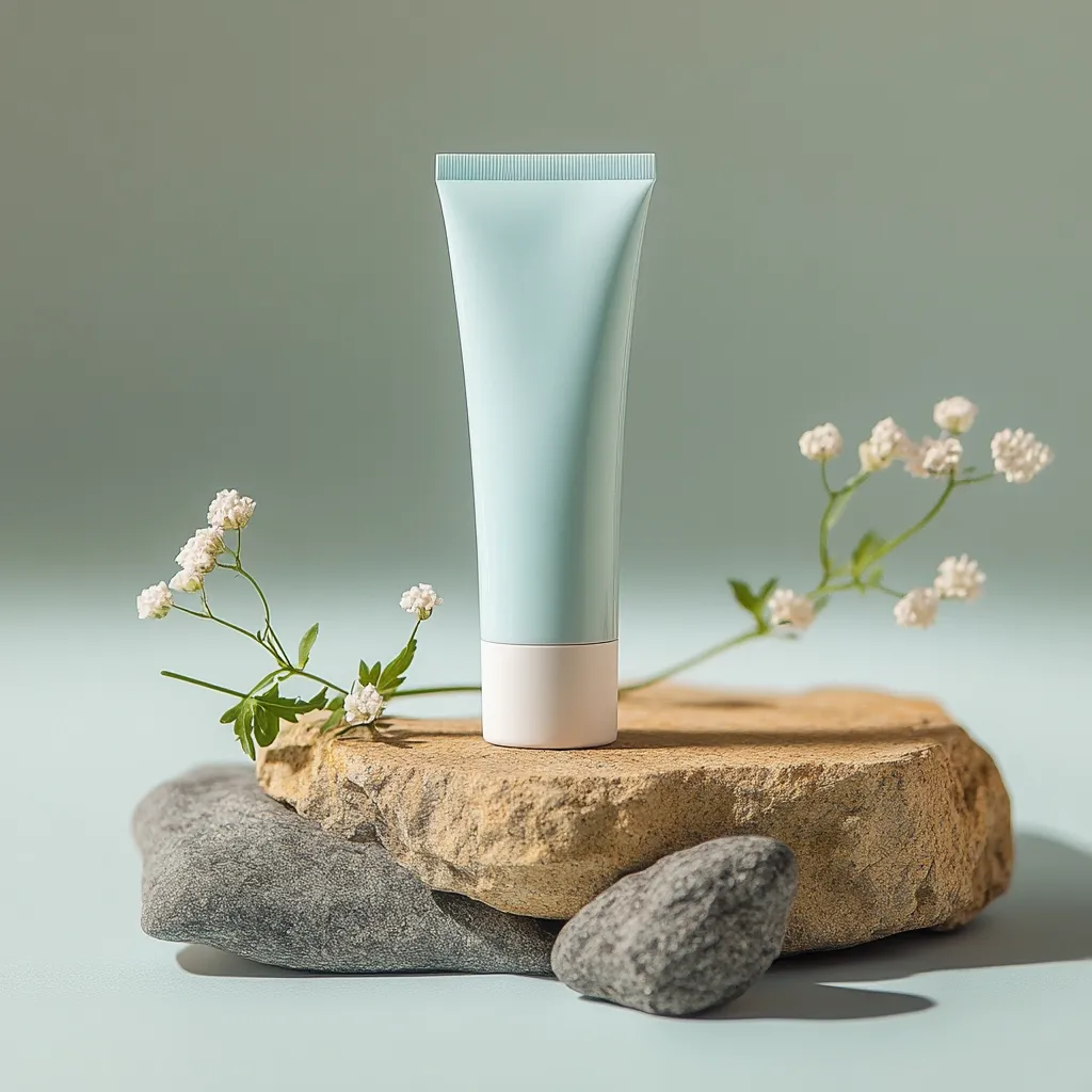 A pale teal tube of skincare product sits on a beige rock, nestled amongst smaller grey stones and delicate white flowers. The scene is minimalistic, emphasizing the product's natural and calming qualities.  Soft lighting casts subtle shadows, enhancing the serene and spa-like atmosphere. The background is a muted, calming green.