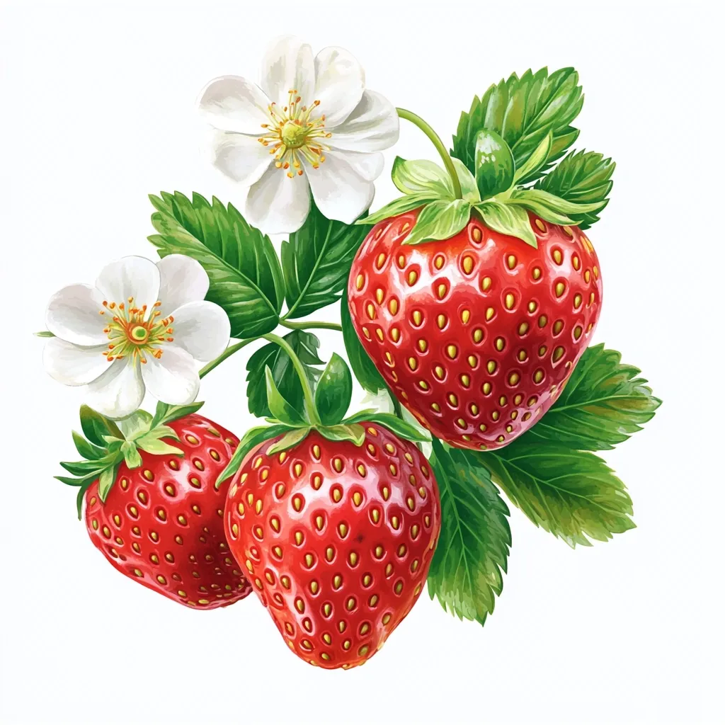 A vibrant illustration showcases three ripe strawberries nestled amongst lush green leaves and delicate white blossoms.  The strawberries are depicted in meticulous detail, their red surfaces speckled with tiny yellow seeds. The blossoms, with their yellow centers, add a touch of freshness to the image, creating a visually appealing representation of a strawberry plant.