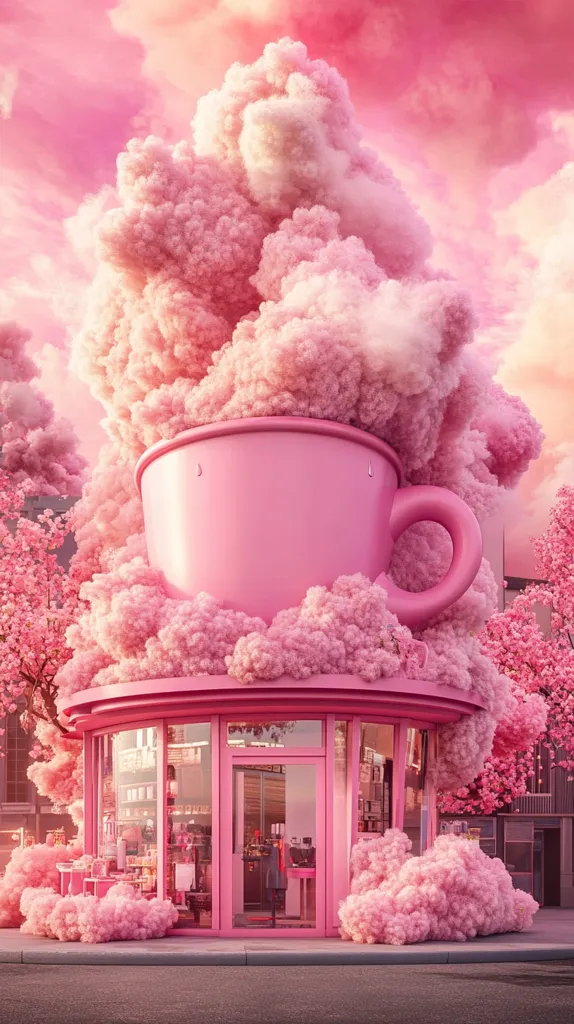 A whimsical pink kiosk, shaped like a giant teacup, sits amidst fluffy pink clouds and cherry blossom trees.  The kiosk's interior is visible, revealing a small shop.  The overall scene is dreamy and surreal, with a pastel color palette creating a fantastical atmosphere. The image is digitally created and highly stylized.