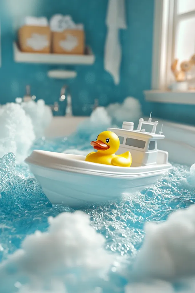 A yellow rubber duck sits in a small white toy boat, navigating bubbly turquoise bathwater.  The boat is afloat amidst frothy suds, creating a playful scene in a bathroom setting.  A blurred background reveals a teal-colored wall and bath accessories, suggesting a child's bath time. The overall image evokes feelings of childhood innocence and fun.