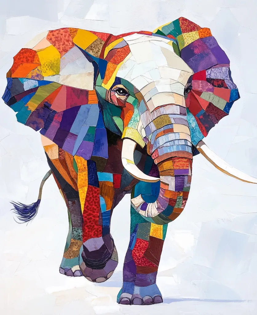 A vibrant, colorful artwork depicts an elephant rendered in a patchwork style.  The elephant is composed of numerous small, geometric shapes in a multitude of hues, creating a striking mosaic effect.  The background is a simple, light gray, allowing the colorful elephant to stand out prominently. The elephant's form is clearly defined despite the fragmented style, and it conveys a sense of movement.