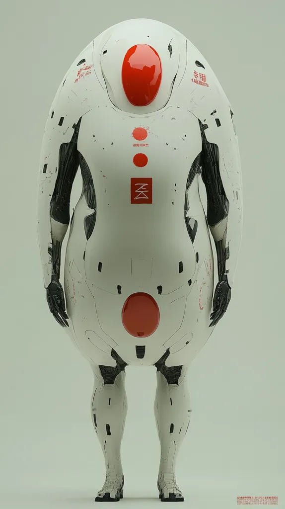 A digitally rendered image showcases a unique robot design.  Its predominantly white body is bulbous and rounded, contrasting with slender, articulated legs.  Red circular elements are strategically placed on its torso and head.  The robot features intricate detailing, including dark gray lines suggesting mechanical joints and markings in an Asian language.  The overall aesthetic is futuristic and slightly unsettling.