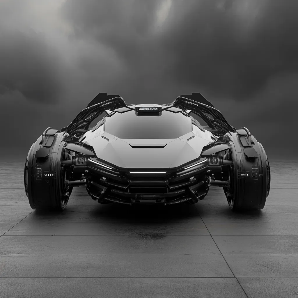 A futuristic, sleek, black and white vehicle is showcased against a dark, moody backdrop.  The car's design is angular and aggressive, with large, enclosed wheels and a low profile.  The image emphasizes the vehicle's advanced technology and unique aesthetic, conveying a sense of speed and power.  The dark background creates a dramatic contrast, highlighting the vehicle's details.