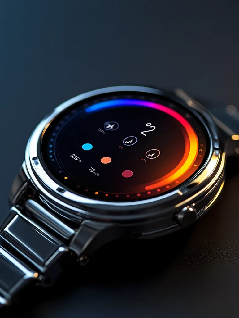A close-up shot reveals a sleek, modern smartwatch with a dark-colored metallic band.  The circular display showcases a vibrant, multicolored circular gradient, indicating various data points such as temperature (2°),  heart rate, and possibly steps or distance.  The minimalist design emphasizes clean lines and a high-tech aesthetic. The watch rests on a dark surface, enhancing its sophisticated look.