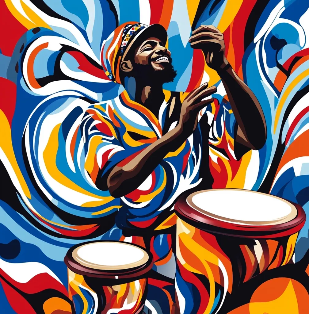 A vibrant, stylized illustration depicts a joyful Black man playing conga drums.  He wears a colorful hat and shirt, mirroring the swirling, abstract background of blues, reds, yellows, and whites.  His expressive face and raised arms convey the energy of his music. The drums are similarly styled, reflecting the dynamic and energetic composition.