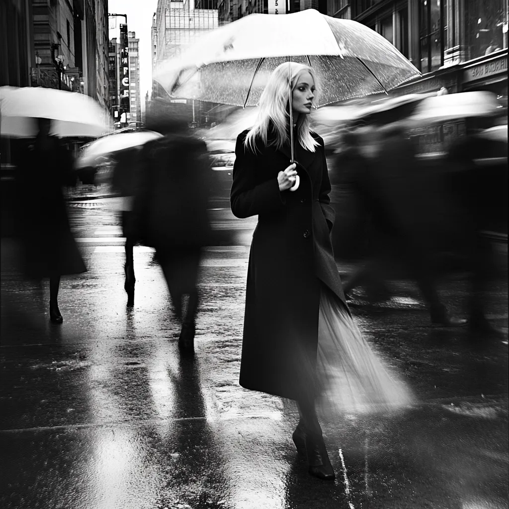 A woman in a long dark coat and skirt stands under an umbrella on a rain-slicked city street.  Blurred figures of pedestrians rush past her, creating a sense of motion and urban anonymity.  The monochrome palette emphasizes the dramatic contrast between the stillness of the woman and the dynamic energy of the surrounding city. The image conveys a feeling of solitude amidst a bustling crowd.