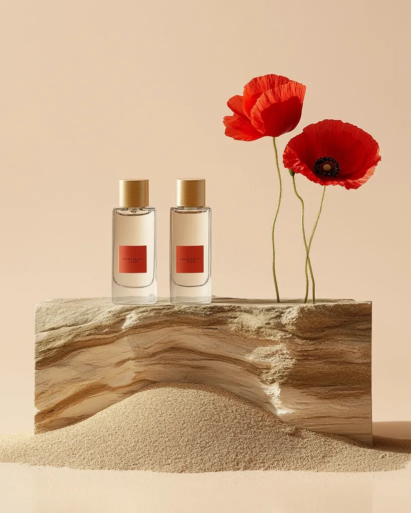Two perfume bottles with gold caps and red labels sit on a light beige stone block, partially buried in sand.  Two vibrant red poppies stand in a small vase behind the bottles, adding a pop of color to the minimalist, beach-inspired scene. The overall aesthetic is clean, elegant, and suggests a summery fragrance.