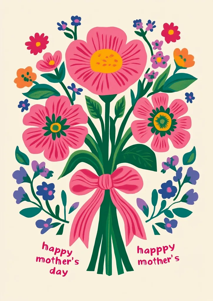 A vibrant illustration of a bouquet of pink and other colorful flowers tied with a pink ribbon.  The flowers are stylized with bold outlines and bright colors. The text "Happy Mother's Day" is repeated on either side of the bouquet. The design is cheerful and perfect for a Mother's Day card.  The overall style is folk-art inspired.
