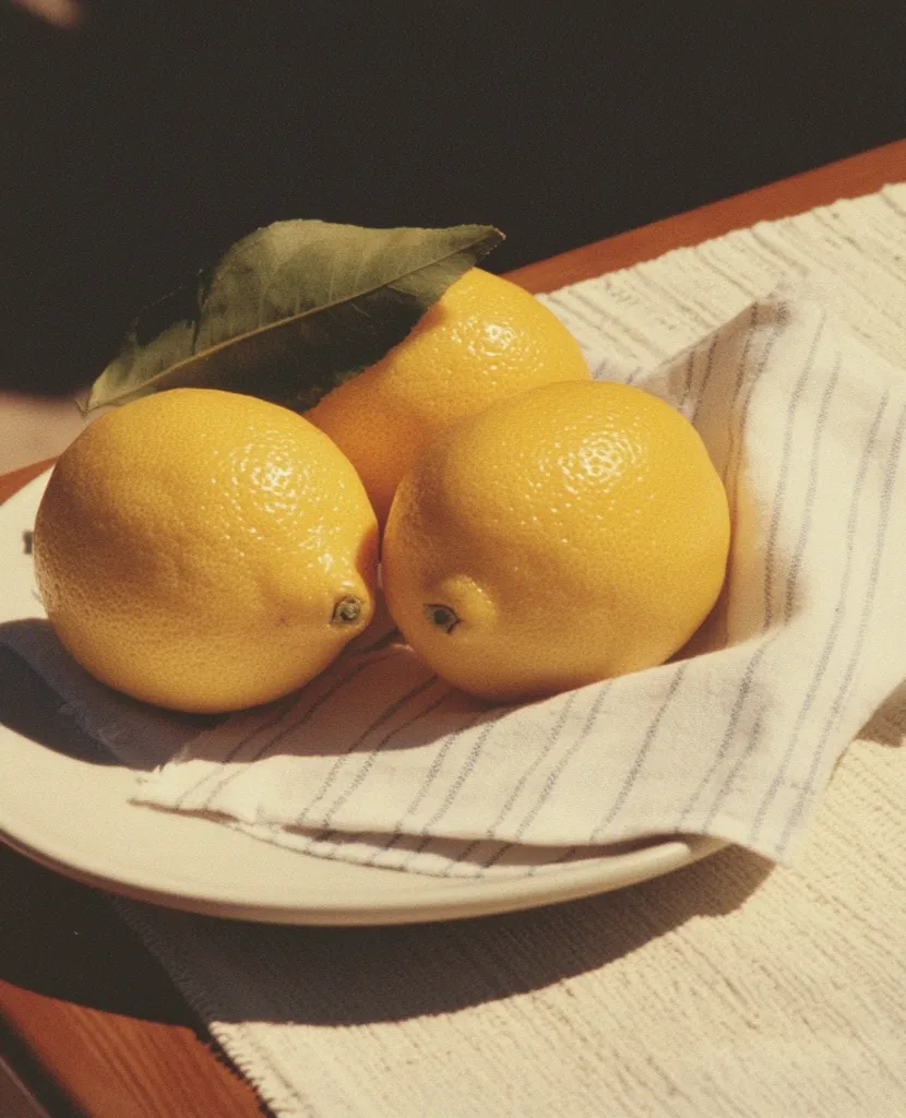 Three ripe lemons rest on a white plate, nestled in a striped linen napkin.  A single, dark green leaf sits atop the lemons, adding a touch of nature to the still life.  The scene is bathed in warm, sunlight, highlighting the vibrant yellow of the fruit.  The overall aesthetic is minimalist and evokes a feeling of summer freshness.