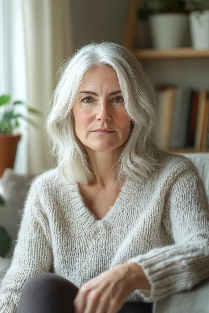 A mature woman with shoulder-length, wavy gray hair gazes directly at the camera. She's dressed in a comfortable, light beige v-neck knit sweater and dark gray pants.  The setting appears to be a home, with soft lighting and blurred background elements suggesting a living room.  Her expression is calm and contemplative.