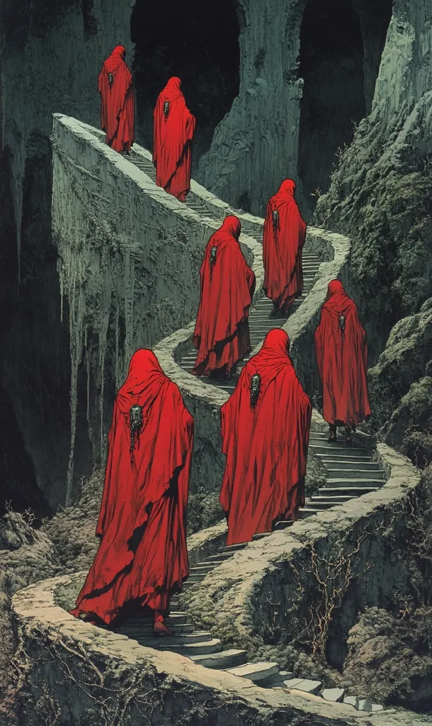 A procession of figures, cloaked in deep red robes, ascends a winding stone staircase carved into a dark, rocky cliff face. The robes are voluminous, obscuring the faces of the figures, adding to the mysterious and somewhat ominous atmosphere.  The setting is bleak, suggesting a journey into a desolate or spiritual realm.  The artwork's style is dark and evocative, emphasizing the solitary nature of the ascent.