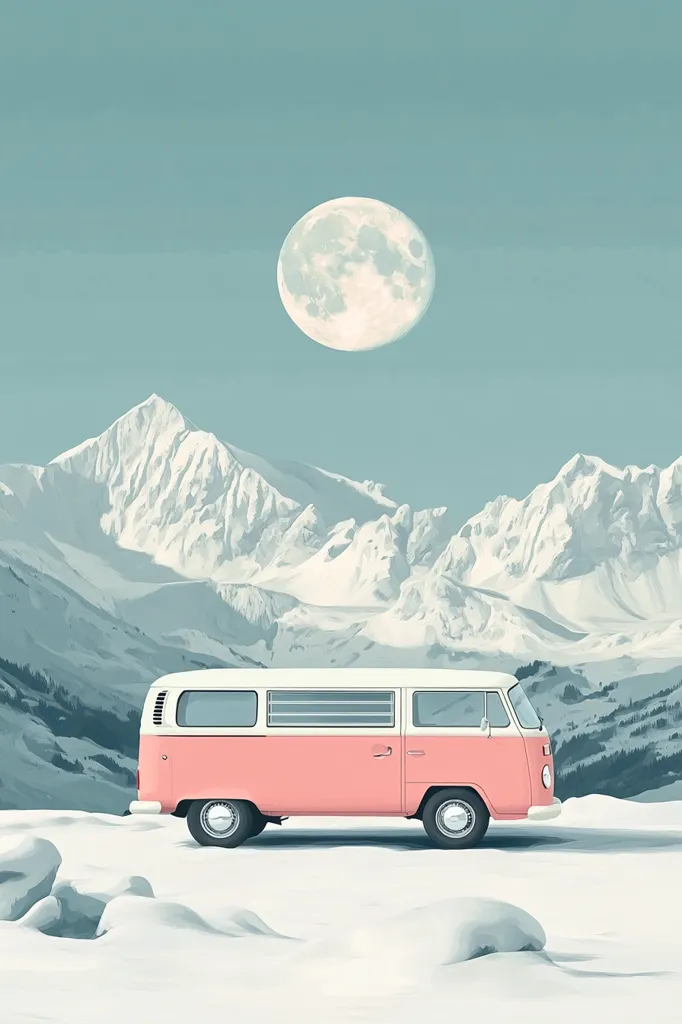 A pastel pink vintage Volkswagen bus sits in a snowy landscape, parked before a majestic, snow-capped mountain range under a large, full moon.  The scene evokes a feeling of serene winter adventure and tranquil escape. The minimalist style and muted color palette enhance the peaceful atmosphere.