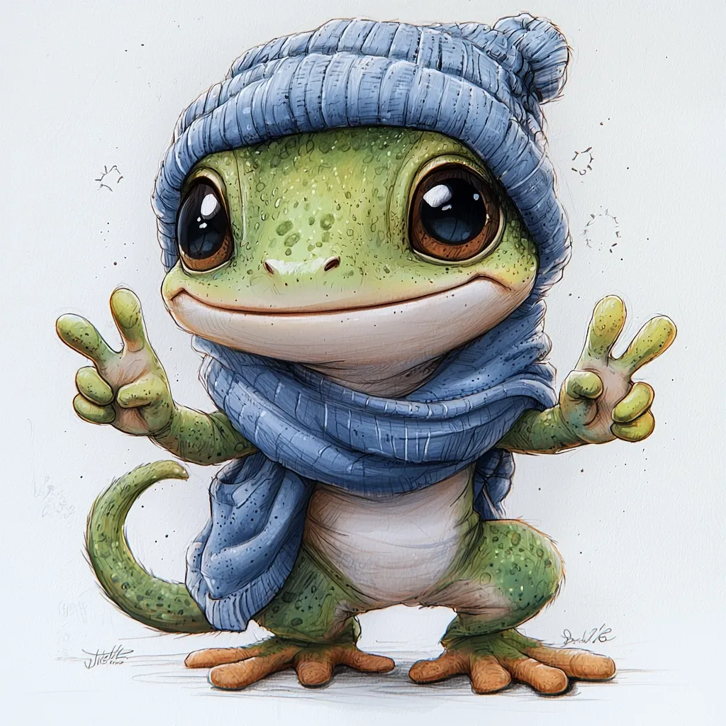 An adorable cartoon gecko, sporting a cozy blue knitted hat and scarf, makes peace signs with both hands.  Its large, expressive eyes and friendly smile convey a sense of warmth and peace. The detailed artwork features a textured appearance, suggesting a painted or drawn style. The gecko’s vibrant green skin contrasts nicely with its blue winter attire.  The background is simple, allowing the gecko to be the clear focus.
