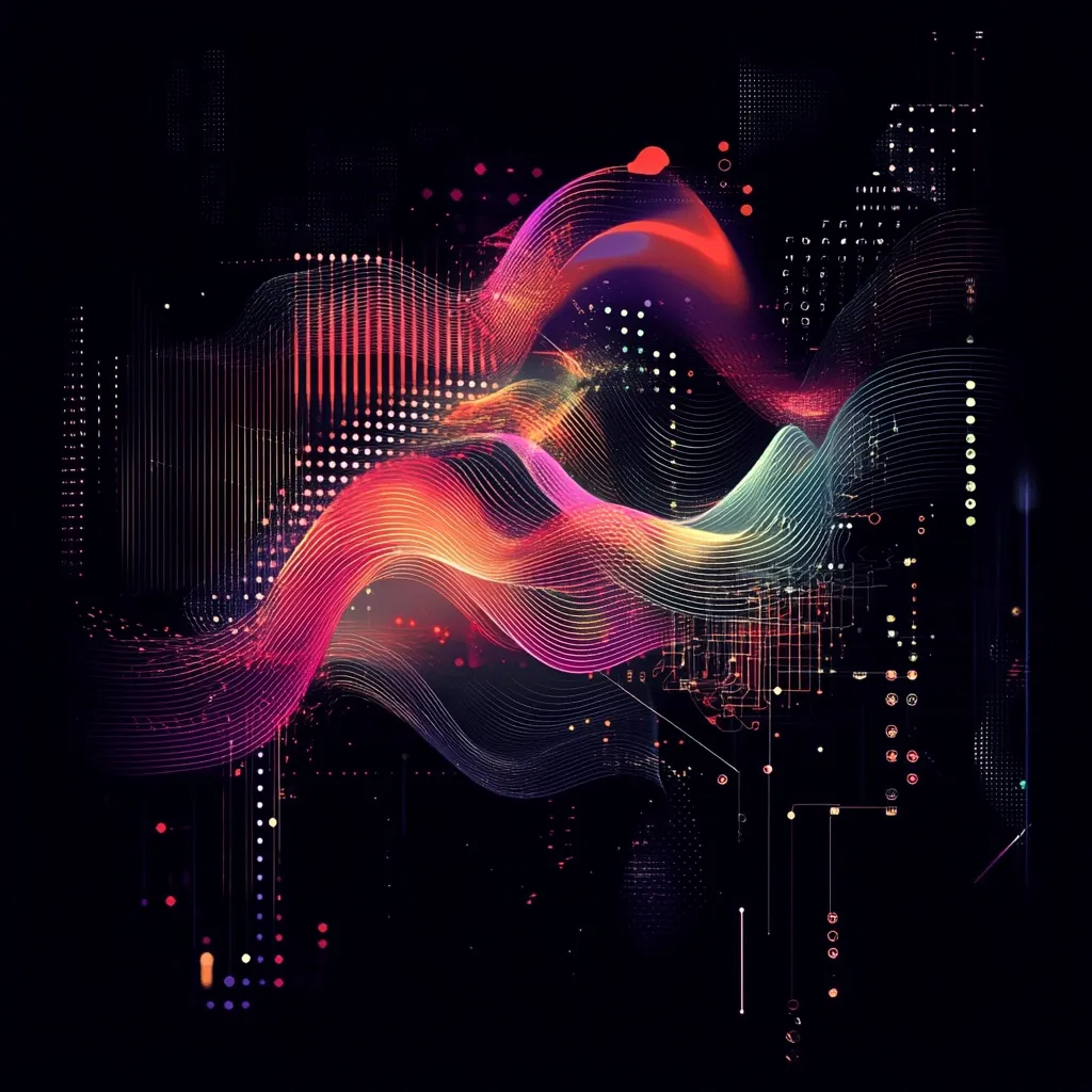 A vibrant abstract artwork depicting flowing, multicolored waves against a dark background.  The waves are composed of thin, luminous lines in shades of red, orange, pink, and teal, creating a sense of movement and energy.  Superimposed are various geometric shapes and digital elements, suggesting a technological or data-driven theme. The overall effect is one of dynamic fluidity and technological sophistication.