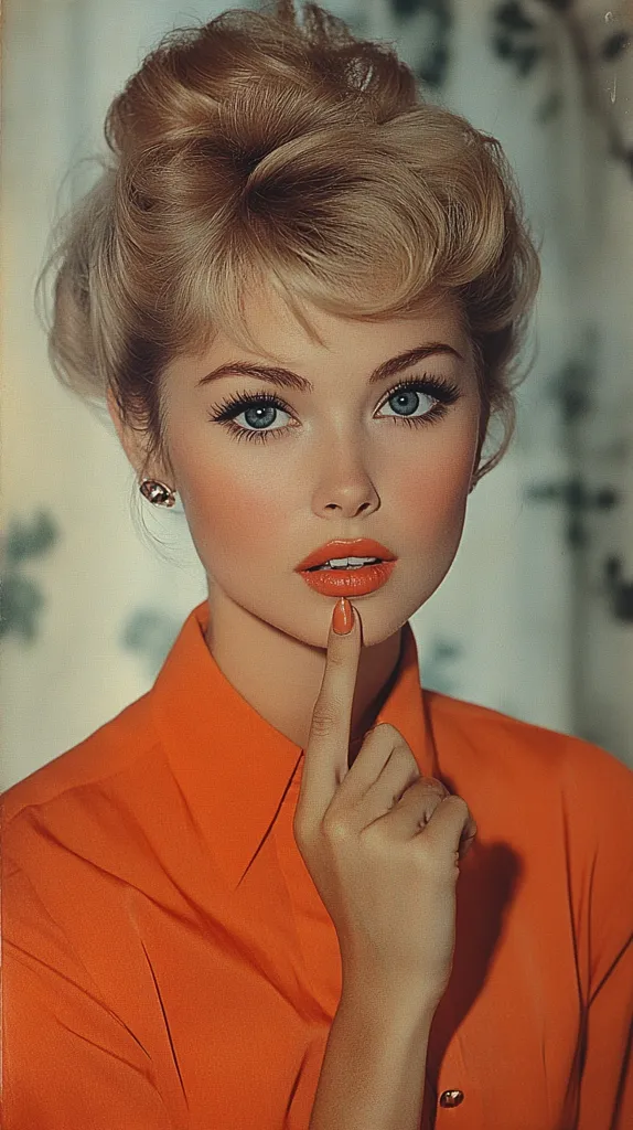 A close-up portrait of a woman with a vintage hairstyle and makeup.  Her blonde hair is styled in a bouffant, and she wears a vibrant orange collared shirt.  She has striking blue eyes and coral lipstick. Her finger is delicately touching her chin, creating a thoughtful expression. The overall aesthetic is reminiscent of 1950s or 1960s glamour.