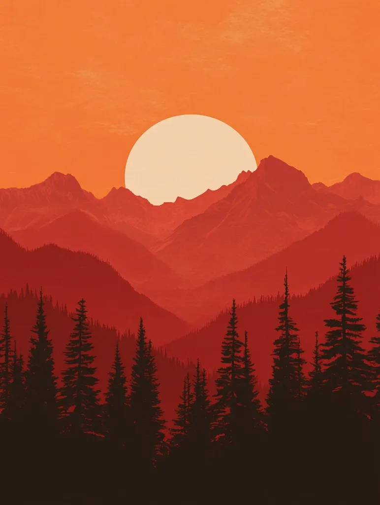 A stylized landscape depicts a large, pale sun setting behind a range of dark red mountains.  Silhouetted evergreen trees fill the foreground, creating a stark contrast against the fiery sky. The overall color palette is warm and saturated, conveying a sense of dramatic beauty and tranquility.  The scene is minimalist, focusing on the interplay of light and shadow.