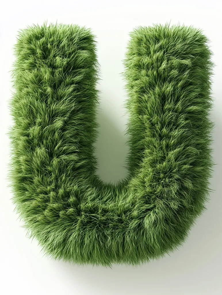 A vibrant green letter "U" is crafted from lush, textured grass.  The grass appears soft and slightly unkempt, giving a natural, almost furry look to the letter. The "U" is presented against a plain white background, making the verdant letter the clear focal point of the image.  The overall effect is one of playful creativity and environmental awareness.