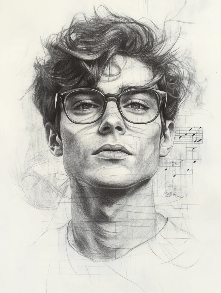 A meticulously detailed charcoal drawing portrays a young man with tousled hair, wearing glasses. His expression is serene, his gaze directed forward.  The drawing's style is realistic, emphasizing texture and shadow.  A fragment of musical notation is subtly incorporated into the background, adding an artistic layer to the portrait. The artist's skill is evident in the precise rendering of the subject's features and the overall composition.