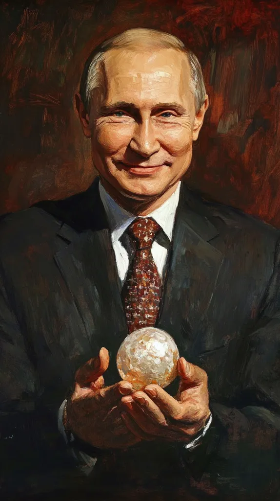 A painted portrait of Vladimir Putin, the president of Russia. He is depicted in a dark suit and tie, his expression is serious yet subtly smiling.  His hands gently cradle a luminous orb, possibly symbolizing power or control. The painting's style is realistic, with visible brushstrokes and a rich, dark background.  The overall tone is one of contemplation and authority.