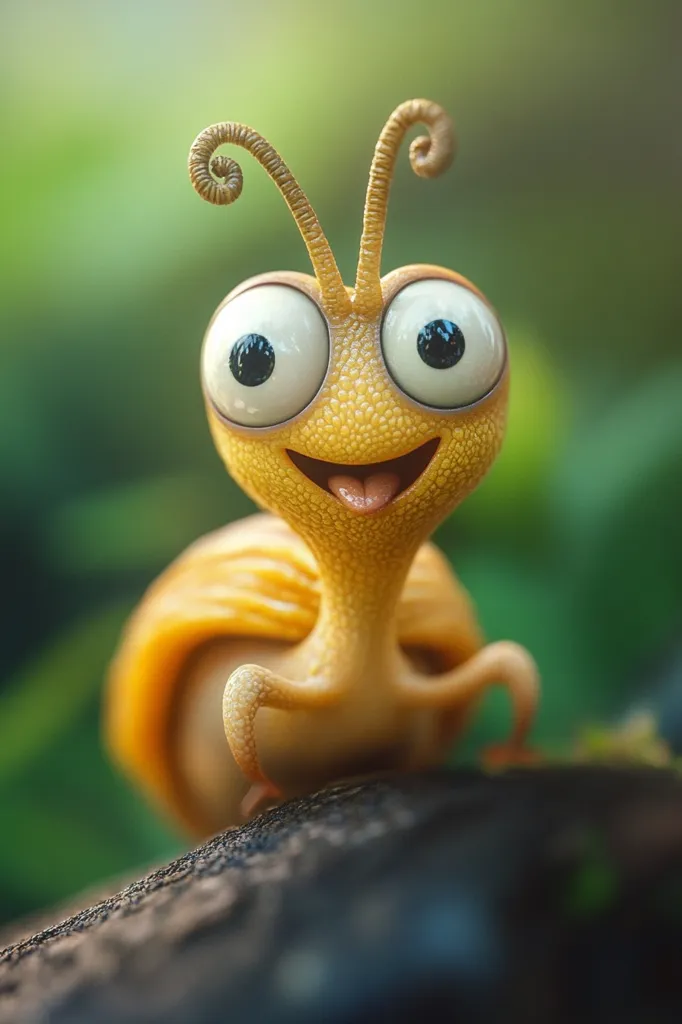A cheerful, cartoon-like snail with large, expressive eyes and a playful grin is depicted.  Its body is a vibrant yellow, and its antennae curl playfully. The snail is positioned on a dark, textured surface, with a blurred green background suggesting a lush, natural environment. The overall image is charming and evokes a sense of whimsy.