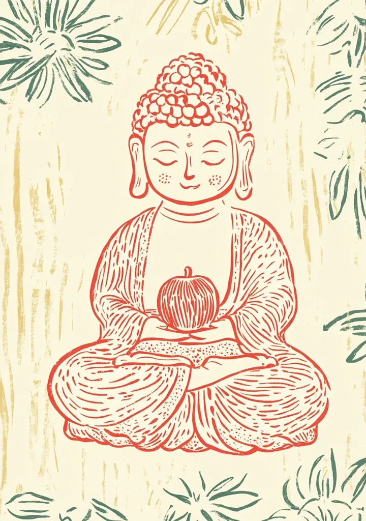 A linocut-style illustration depicts a serene Buddha seated in meditation.  The Buddha figure is rendered in red-orange, holding an apple in their lap. The background is a cream color with stylized green foliage, creating a peaceful and contemplative atmosphere. The image has a vintage, hand-printed aesthetic.
