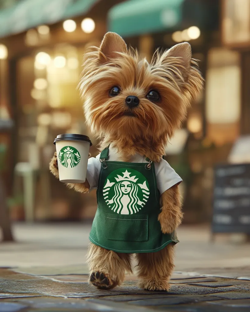 A fluffy Yorkshire Terrier, dressed in a Starbucks apron, holds a Starbucks cup.  The dog is walking on a paved street with a blurred background suggesting a coffee shop.  The image is digitally enhanced, giving the dog an almost human-like quality.  It's a whimsical and charming scene, possibly advertising or promoting a pet-friendly environment.