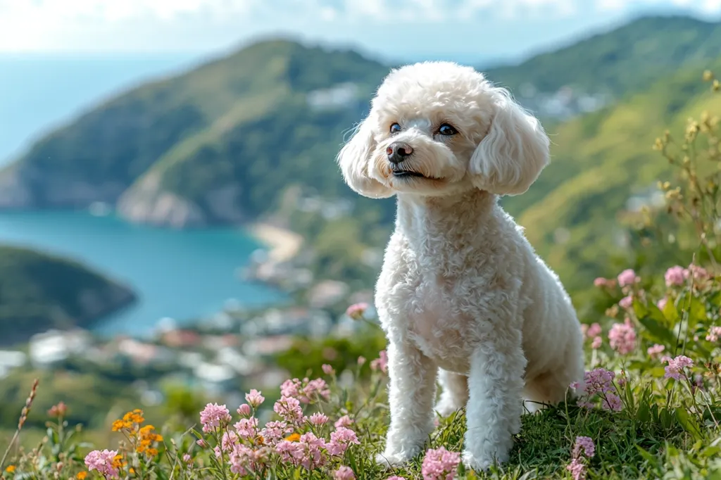 A fluffy white poodle sits amidst a field of pink flowers, overlooking a picturesque coastal town nestled amongst rolling green hills and a calm blue sea.  The dog gazes thoughtfully towards the distant ocean, bathed in the warm sunlight of a beautiful day. The scene evokes a sense of peace and tranquility.
