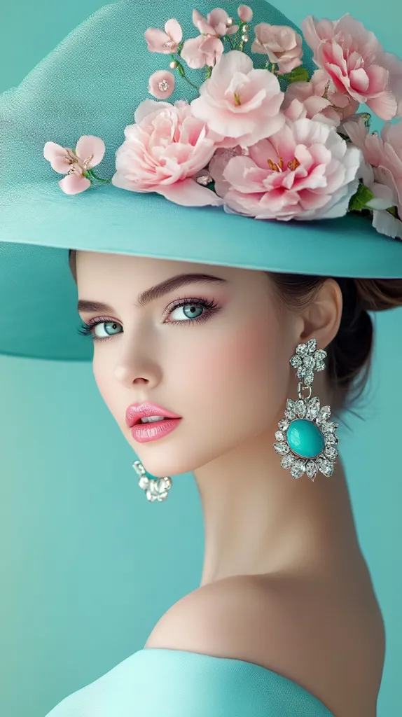 A stunning woman with flawless makeup and light pink lips wears a large, light teal hat adorned with delicate pink flowers.  Her matching teal earrings dangle elegantly, complementing her sophisticated style.  The backdrop is a soft teal, enhancing the overall serene and elegant aesthetic of the image.