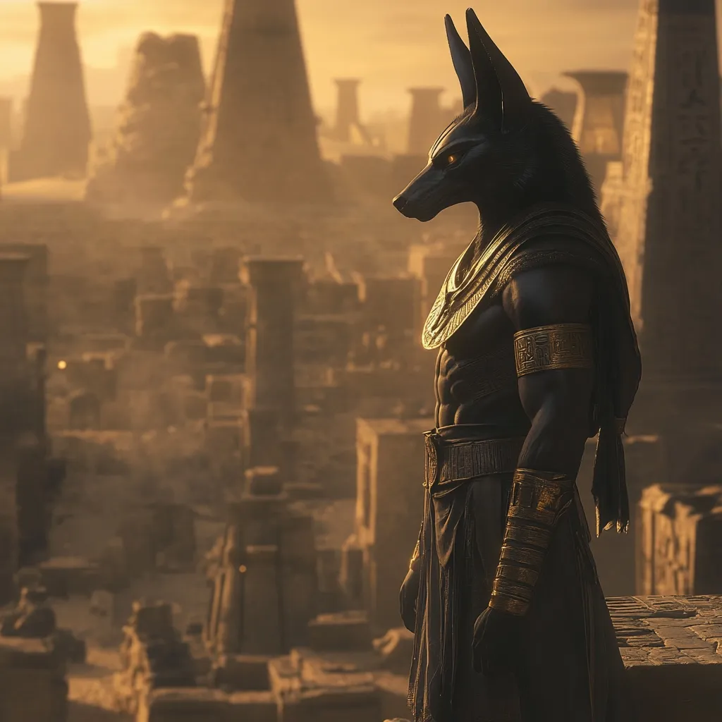 Anubis, the jackal-headed Egyptian god, stands silhouetted against a sun-drenched ancient city.  He's adorned in traditional attire, gold armbands and a dark shendyt.  The ruins of temples and columns stretch out behind him, bathed in the warm glow of the setting or rising sun, creating a dramatic and mystical scene.  His gaze is fixed on the distant horizon, conveying a sense of timeless power and guardianship.