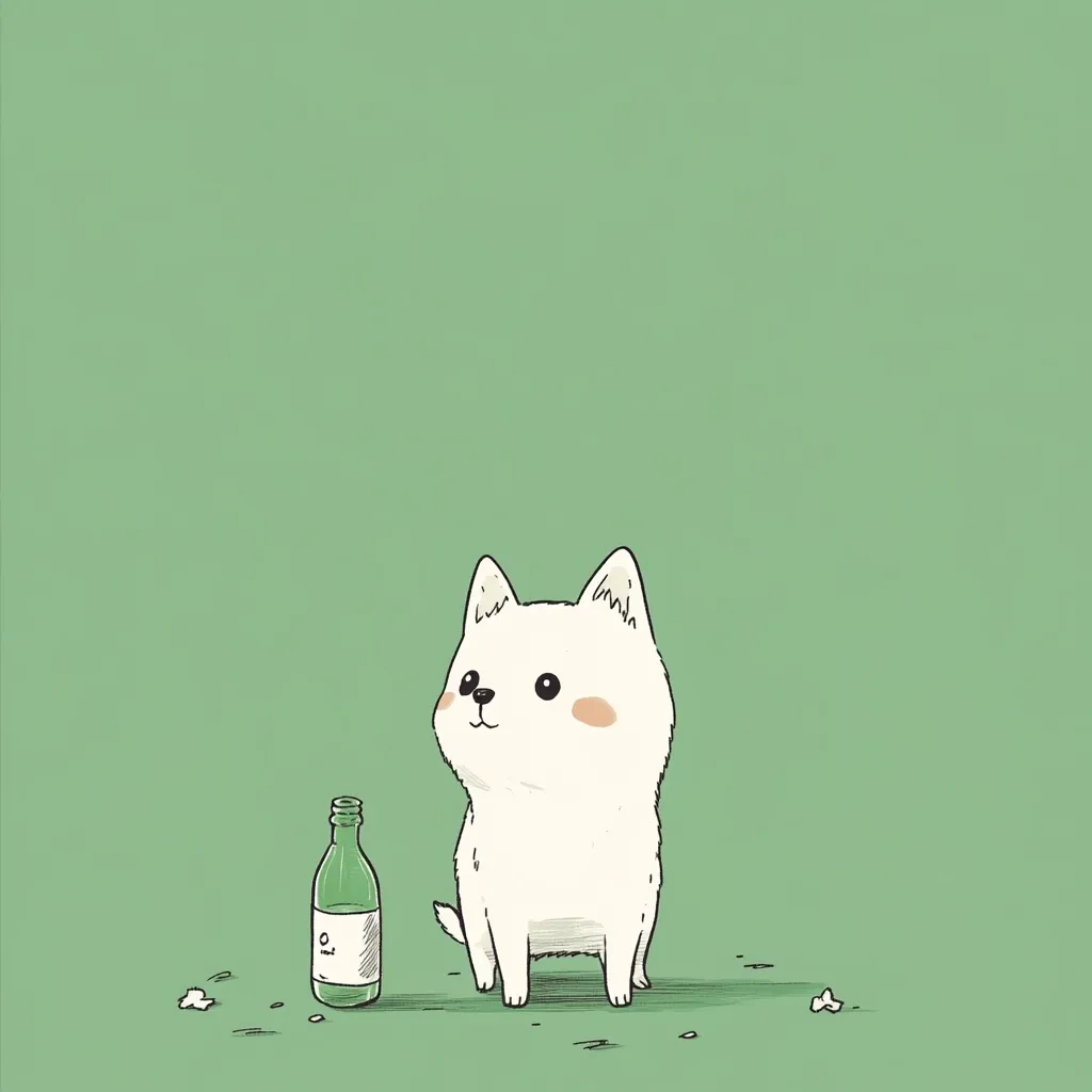 A cute, cartoon-style white dog stands on a sage green background, looking slightly upward.  A small, empty green bottle lies on the ground near it, along with scattered bits of debris. The overall style is simple and minimalist, with soft lines and muted colors. The image evokes a sense of quiet contemplation or perhaps a hint of mischief.