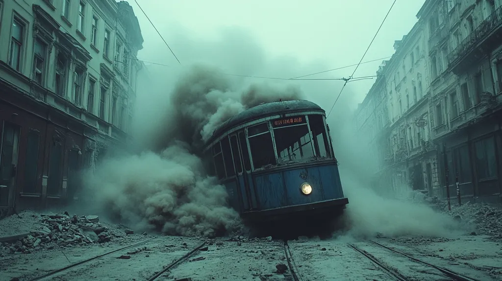 A vintage blue tram is engulfed in a thick plume of smoke and dust, seemingly amidst the rubble of a bombed-out city street.  The buildings lining the street are damaged and dilapidated, conveying a sense of war or devastation.  The scene is atmospheric and somber, with a muted color palette dominated by greens and greys. The tram's destination sign is partially visible, adding a layer of mystery to the image.